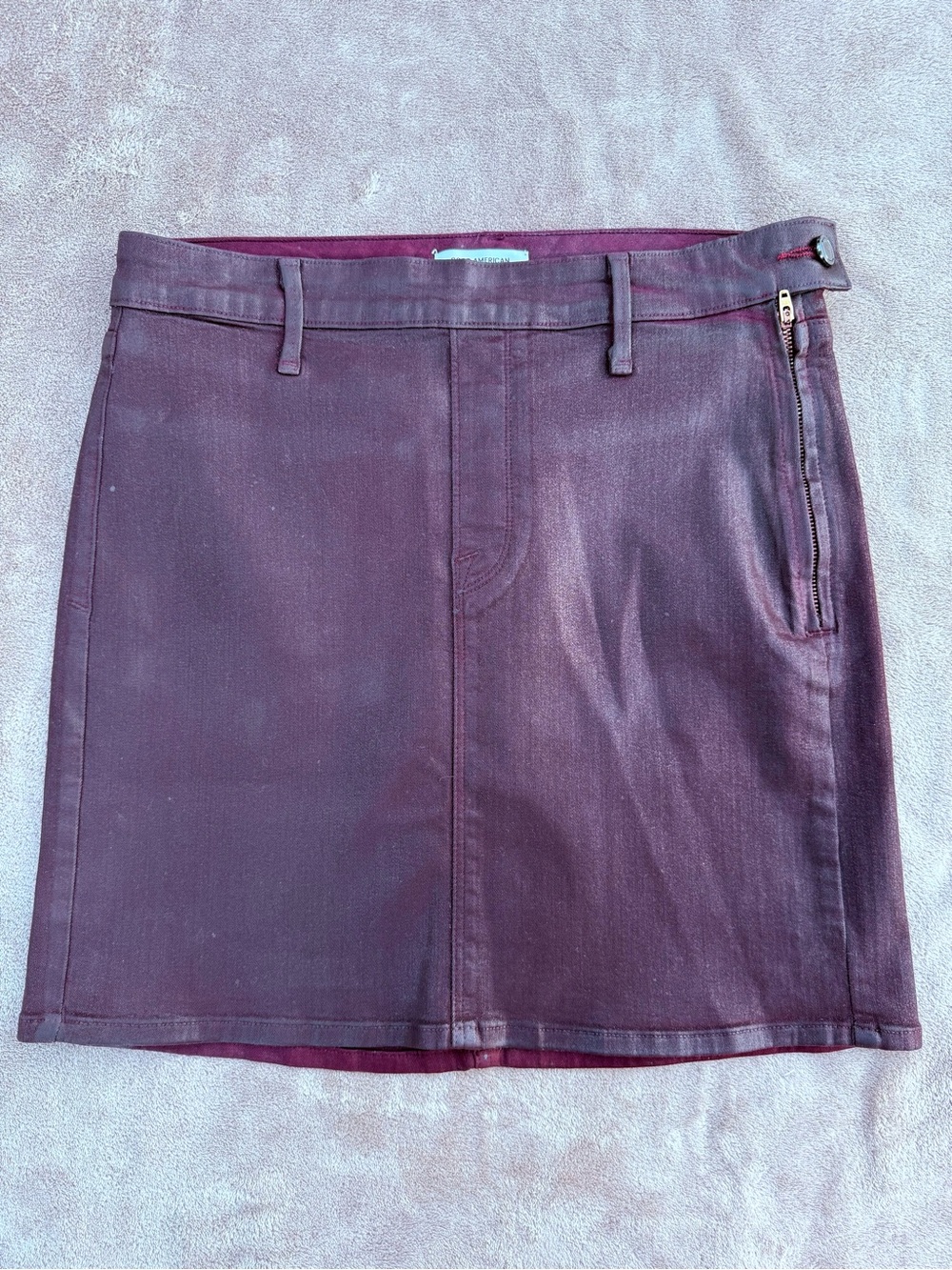 Good American Burgundy coated side zip Mini Skirt
